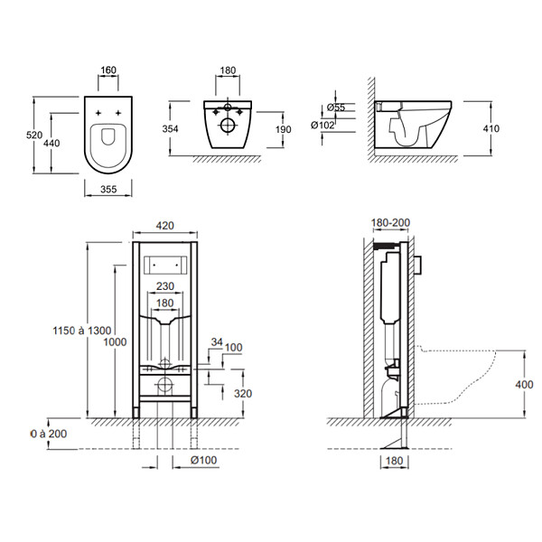 JACOB DELAFON - Pack WC suspendu sans bride Rodin+ avec abattant + bâti support + plaque blanche + tabouret blanc - large