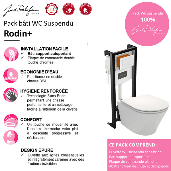 JACOB DELAFON - Pack WC suspendu sans bride Rodin+ avec abattant + bâti support + plaque blanche - large