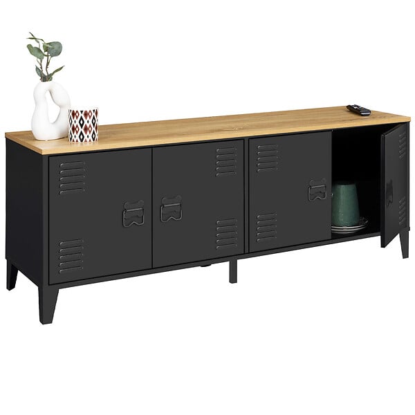 ID MARKET - Buffet bas 140 cm ESTER 4 portes métal noir et plateau bois design industriel - large