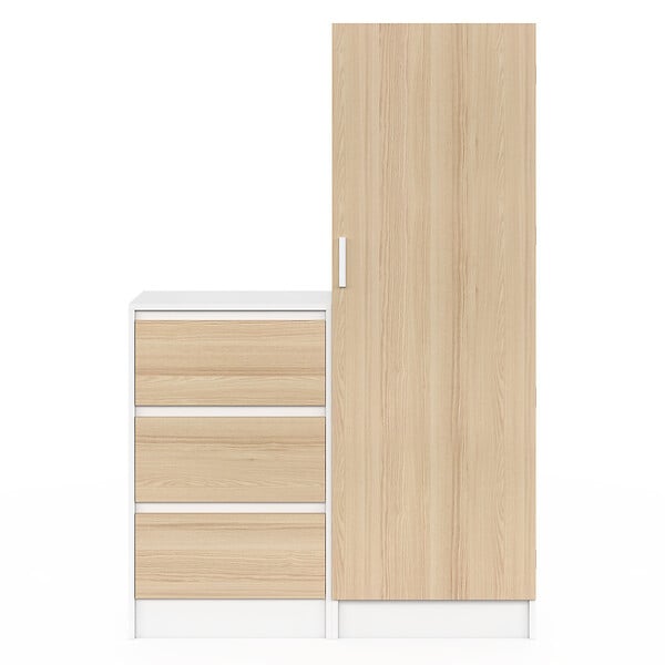 ID MARKET - Armoire 1 porte AMBRE penderie avec commode 3 tiroirs 100 cm modulable façon hêtre et blanc - large