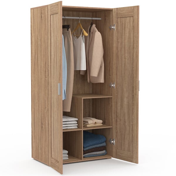 ID MARKET - Armoire 2 portes VITO hêtre penderie 80 cm avec étagères rangement maxi capacité - large