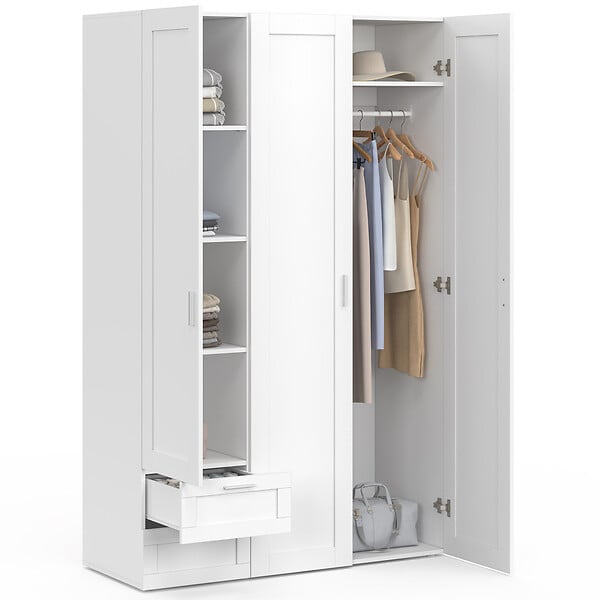 ID MARKET - Armoire 3 portes VITO blanc penderie 120 cm avec 2 tiroirs et étagères - large