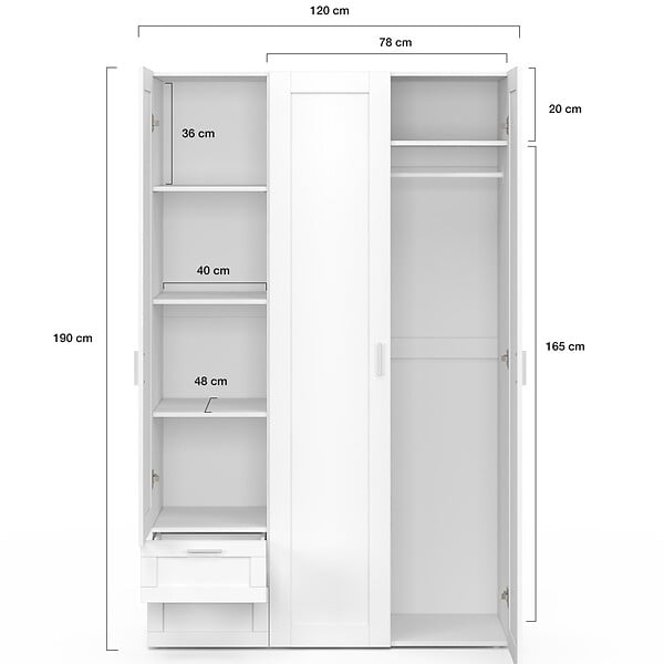 ID MARKET - Armoire 3 portes VITO blanc penderie 120 cm avec 2 tiroirs et étagères - large