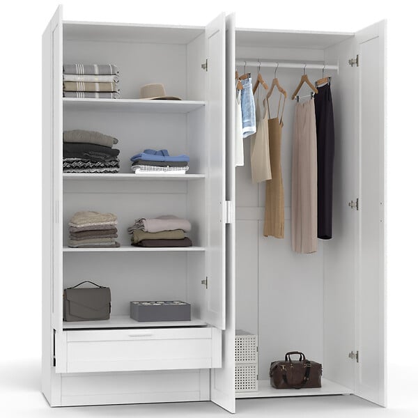ID MARKET - Armoire 4 portes VITO blanc penderie 160 cm avec 2 tiroirs et étagères - large