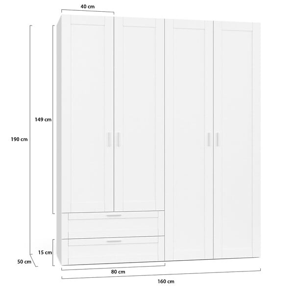 ID MARKET - Armoire 4 portes VITO blanc penderie 160 cm avec 2 tiroirs et étagères - large