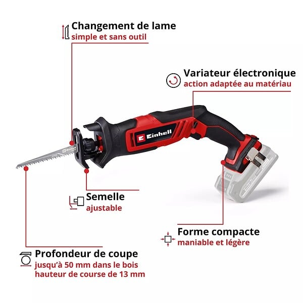 EINHELL - Scie universelle sans fil TE-AP 18/13 Li-Solo - 18V - course 13mm - bois 50mm - acier 4mm - LED - sans batterie/chargeur - large