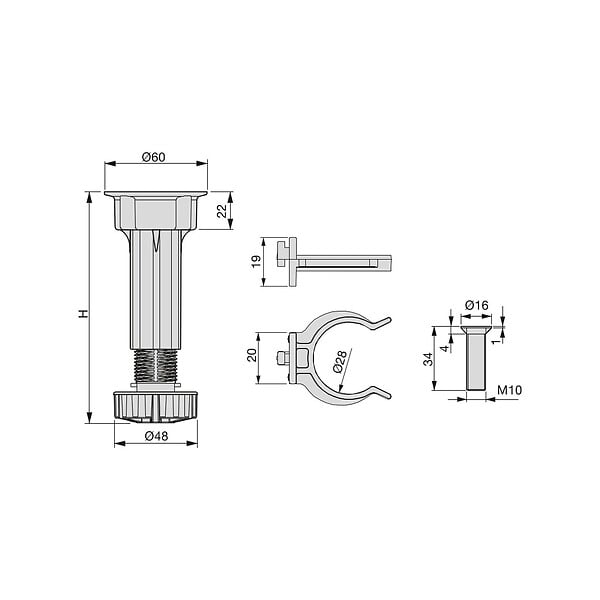 EMUCA - Kit de 4 pieds réglables de 115 à  140mm mm en plastique noir  - EMUCA - 3999017 - large