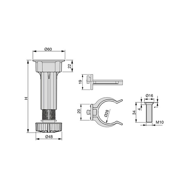 EMUCA - Kit de 4 pieds réglables de 95 à  120mm mm en plastique noir  - EMUCA - 3999517 - large