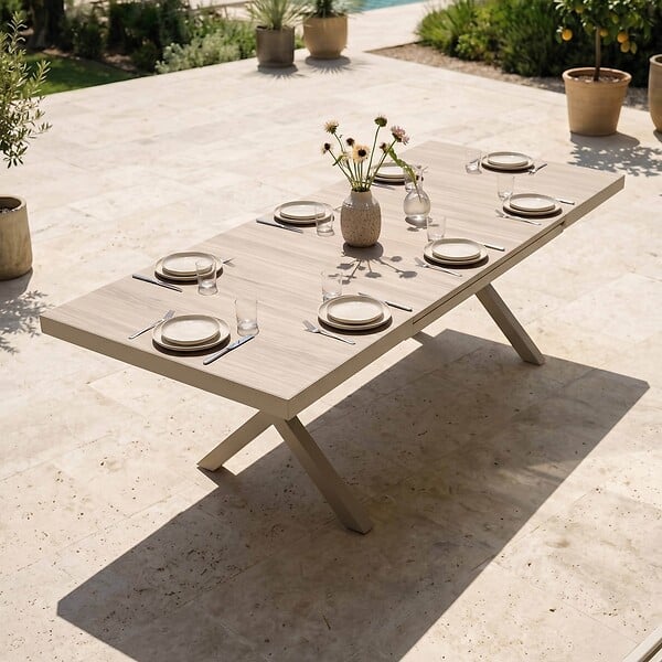 OVIALA - Table de jardin extensible en aluminium et céramique 10 places crème - Tivoli - large