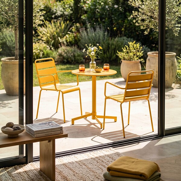OVIALA - Ensemble table de jardin et 2 fauteuils en métal jaune - Palavas - large
