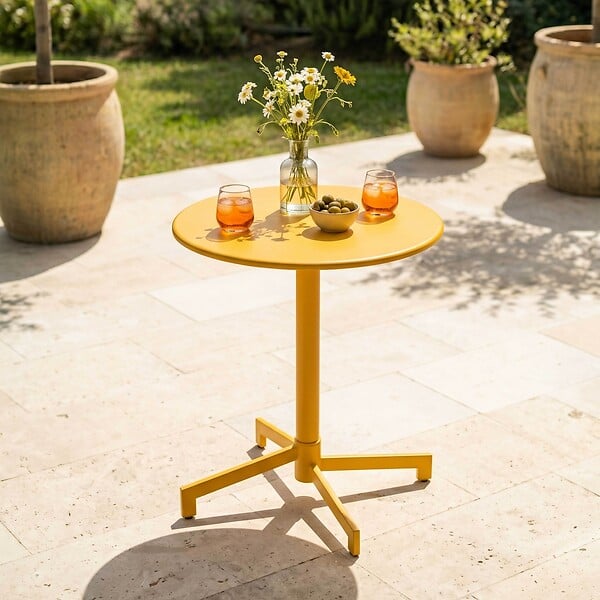 OVIALA - Ensemble table de jardin et 2 fauteuils en métal jaune - Palavas - large