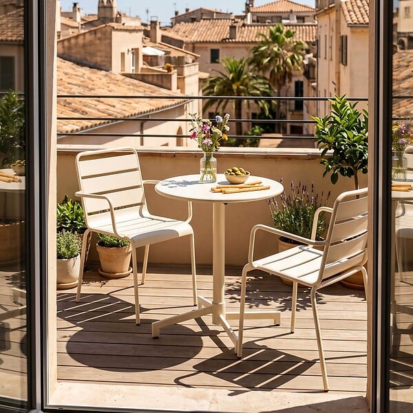 OVIALA - Ensemble table de jardin et 2 fauteuils en métal ivoire - Palavas - large