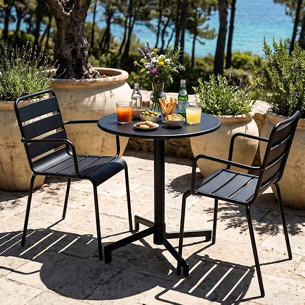 OVIALA - Ensemble table de jardin et 2 fauteuils en métal noir - Palavas - large
