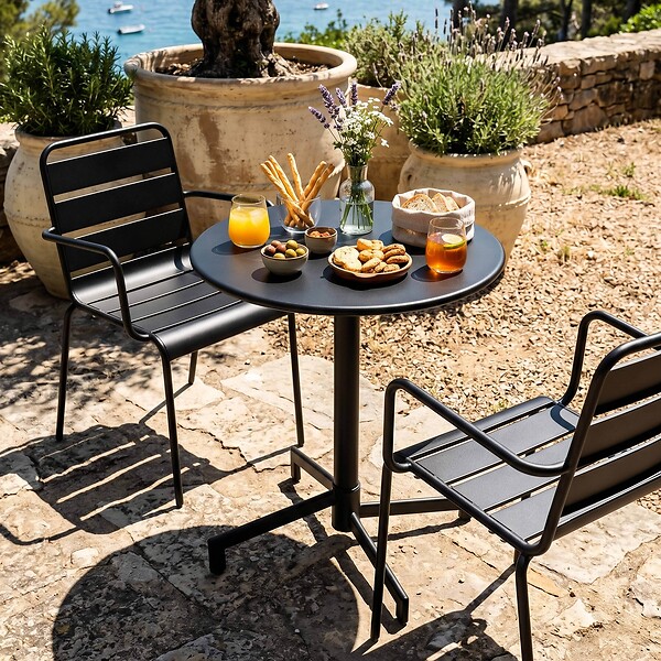 OVIALA - Ensemble table de jardin et 2 fauteuils en métal noir - Palavas - large