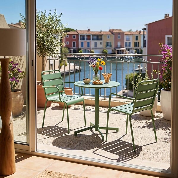 OVIALA - Ensemble table de jardin et 2 fauteuils en métal vert cactus - Palavas - large