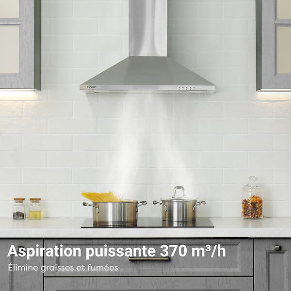 CIARRA - Ciarra hotte de cuisine décorative 60cm hotte aspirante murale 370m3h 3 vitesses Classe A évacuation ou recyclage filtre charbon NON INCLUS - large