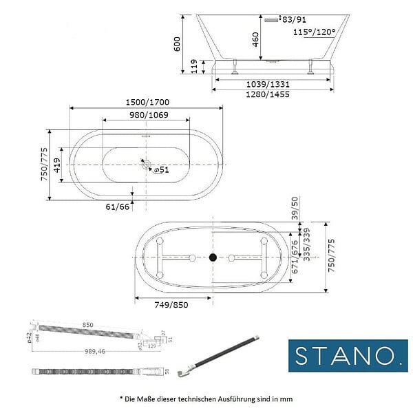 STANO - Baignoire îlot design sur socle ovale SEATTLE blanche 150 cm - large