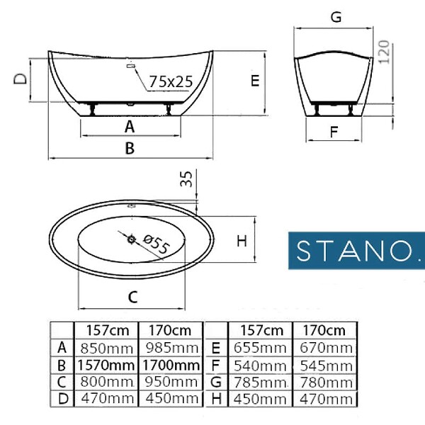 STANO - Baignoire îlot design ovale BRIGHTON blanche 157 cm - large
