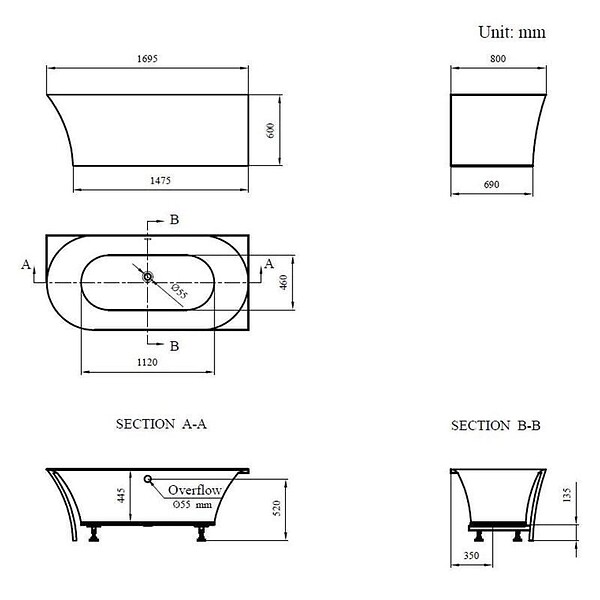 STANO - Baignoire semi-îlot design ELIZABETH blanche 170 cm Angle à droite - large