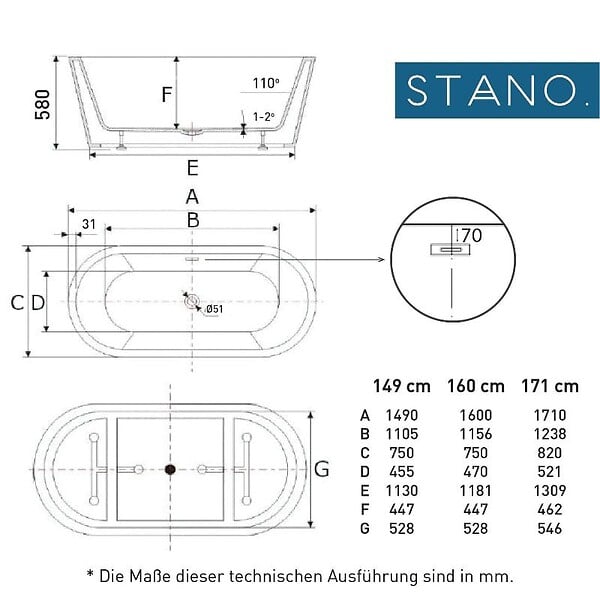 STANO - Baignoire îlot design ovale FINDLAY blanche 149 cm - large