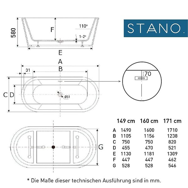 STANO - Baignoire îlot design ovale FINDLAY blanche 171 cm - large