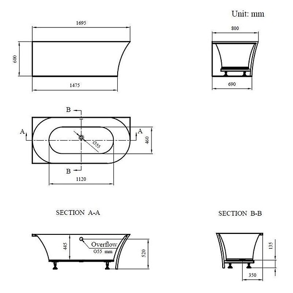 STANO - Baignoire semi-îlot design ELIZABETH blanche 170 cm Angle à gauche - large