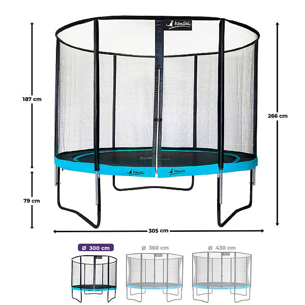 KANGUI - Trampoline Ø 300cm + filet de sécurité + échelle + kit ancrage - PUNCHI 300 Bleu - large