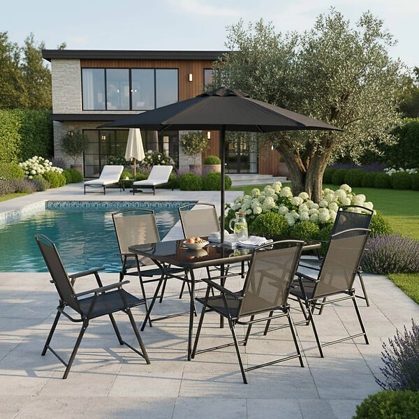 OVIALA - Salon de jardin table et 6 chaises pliantes avec parasol central - Bormes - large