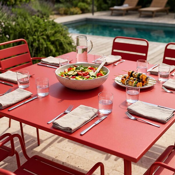 OVIALA - Ensemble table de jardin carrée et 8 fauteuils en métal rouge - Palavas - large