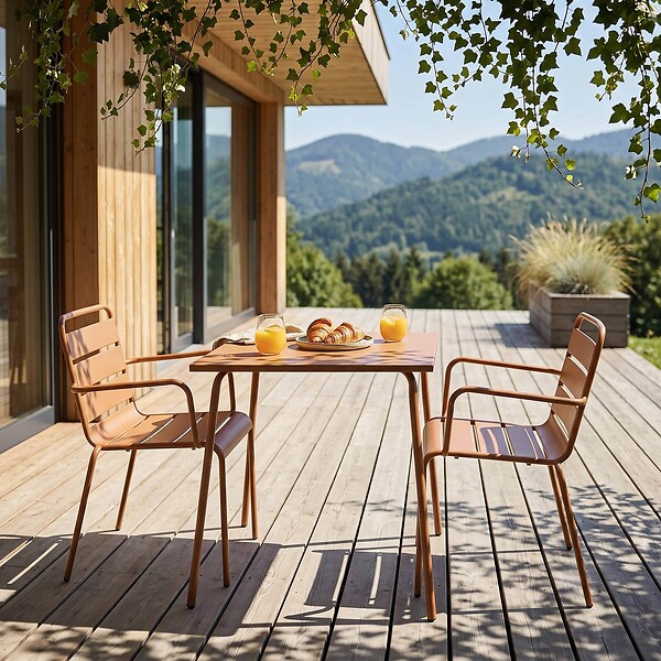 OVIALA - Ensemble table de jardin carrée et 2 fauteuils acier 70 cm caramel - Palavas - large