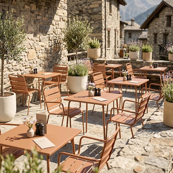 OVIALA - Ensemble table de jardin carrée et 2 fauteuils acier 70 cm caramel - Palavas - large