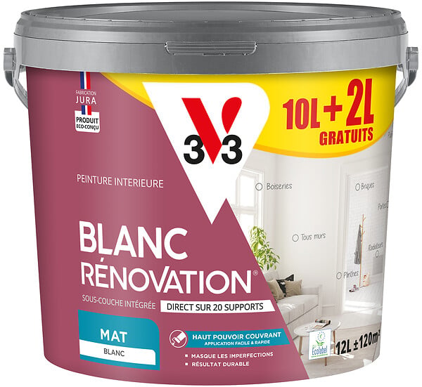 V33 PEINTURE - Peinture murs et plafonds Perfection - Blanc - Mat - 12L - large