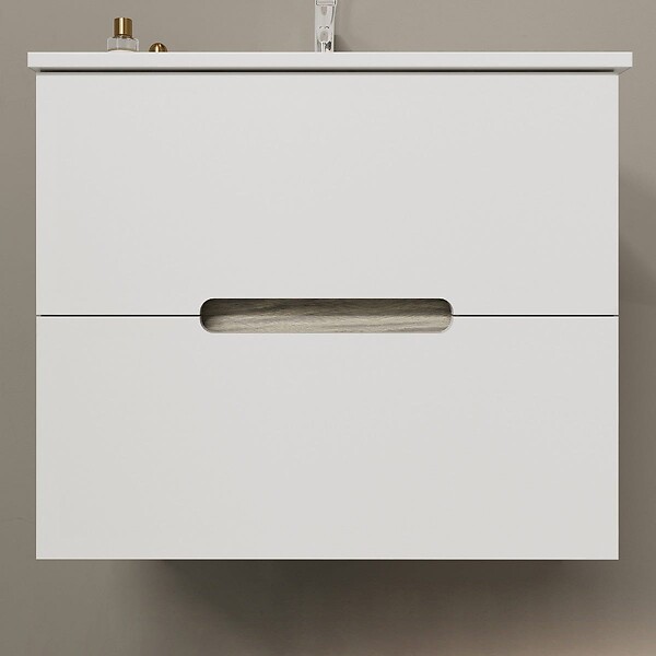 KIAMAMI VALENTINA - Meuble De Salle De Bain Tiroirs Blanc Mat, Côtés En Bois Chêne Gris | Magnolia - large