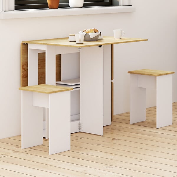 ID MARKET - Ensemble table console pliable EDI 2-4 personnes bois blanc et plateau façon hêtre avec 4 tabourets - large