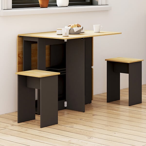 ID MARKET - Ensemble table console pliable EDI 2-4 personnes bois noir et plateau façon hêtre avec 4 tabourets - large