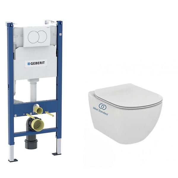 GEBERIT - Pack WC Bati-support Geberit Duofix + WC sans bride Ideal Standard Tesi Aquablade + Abattant slim softclose + Plaque + Set d'iso - large