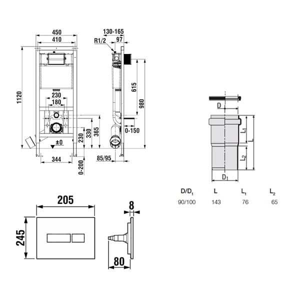 ROCA - Bâti-support WC suspendu, installation sur cloison légère, hauteur 112 cm, chasse 2/4-6 L + plaque blanche (ROW02-FR) - large