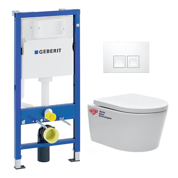 GEBERIT - pack Bati-support Geberit UP100 + plaque Delta50 blanche + cuvette SAT suspendue sans bride et fixations invisibles (SATrimlessG - large