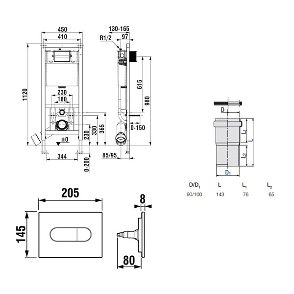 ROCA - Bâti-support WC suspendu, installation sur cloison légère, hauteur 112 cm, chasse 2/4-6 L + plaque noir mat (ROB01-FR) - large
