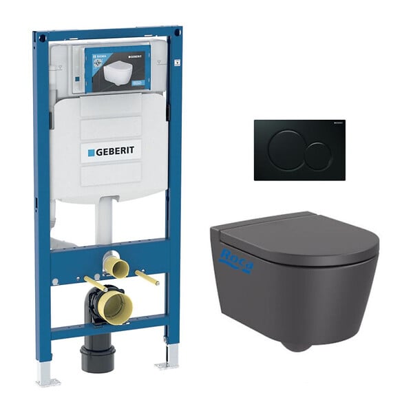 GEBERIT - Pack WC Bati-support Geberit + WC Roca Inspira onyx sans bride fixations invisibles + Abattant softclose + Plaque noire (GebInsp - large