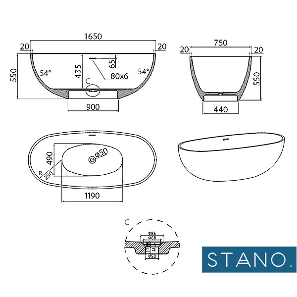 STANO - Baignoire îlot design en solid surface ovale MALMO 165 cm - large