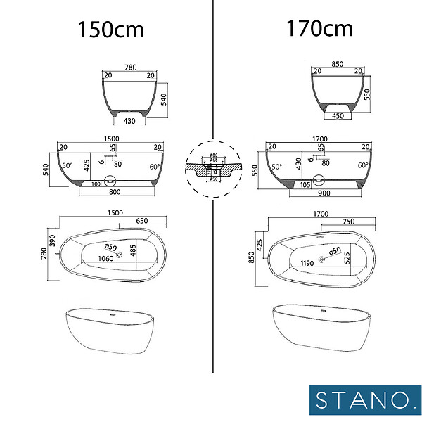STANO - Baignoire îlot design en solid surface ovale HELSINKI 170 cm - large