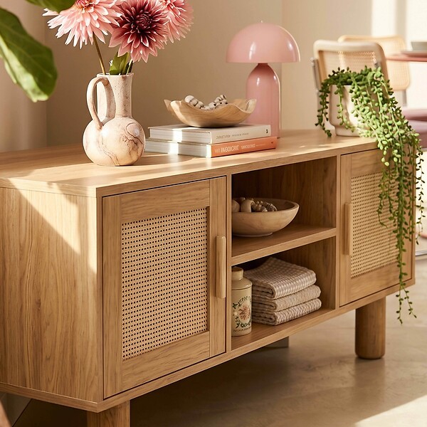 OVIALA - Meuble TV d'angle 120cm en rotin synthétique scandinave bois clair  - Adam - large