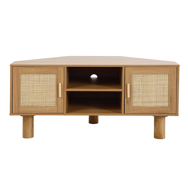 OVIALA - Meuble TV d'angle 120cm en rotin synthétique scandinave bois clair  - Adam - large