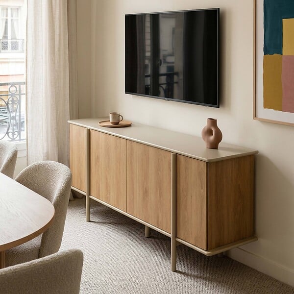 OVIALA - Buffet effet bois 4 portes 180 cm crème - Nelio - large