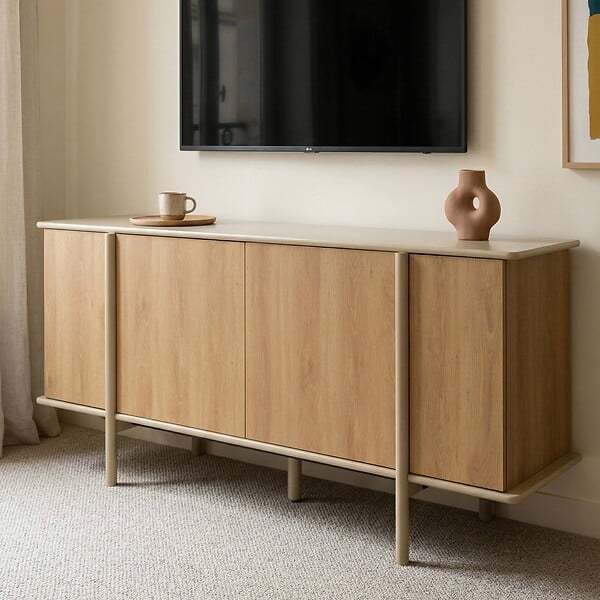 OVIALA - Buffet effet bois 4 portes 180 cm crème - Nelio - large