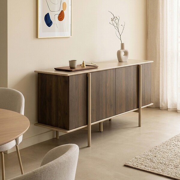 OVIALA - Buffet effet bois 4 portes 180 cm taupe - Nelio - large