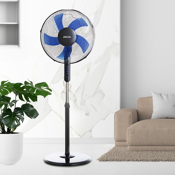 JOCCA - Ventilateur sur pied 45W H125cm Oscillation 90° 3 vitesses 5 pales Design Noir & Bleu Débit d'air puissant Fortes Chaleurs Jocca - large