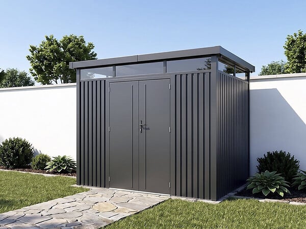 HABITAT ET JARDIN - Abri de jardin métal premium avec toit plat et porte battante "Lexinton" - 6,76 m² - Gris - large