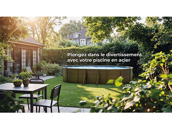 GRE - Kit piscine acier aspect bois Gré Mauritius ovale 7,44 x 3,99 x 1,32 m + Bâche à bulles - large